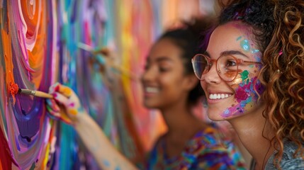 Obraz premium A LGBTQ+ couple exploring a vibrant and eclectic neighborhood. They are discovering local shops, cafes, and street art, with a focus on urban exploration and enjoyment.