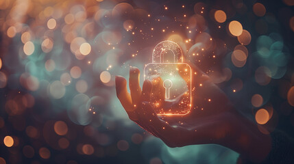 A hand holds a glowing digital padlock symbol representing cybersecurity and data protection. The background is blurred with soft light, creating a futuristic atmosphere.