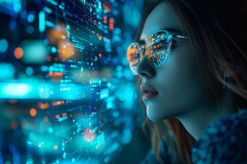 Woman working with virtual computer. Girl using modern computer surfing futuristic metaverse. Cyber world and digital data. Augmented reality, future innovative technology and programming concept