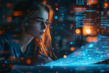 Woman working with virtual computer. Girl using modern computer surfing futuristic metaverse. Cyber world and digital data. Augmented reality, future innovative technology and programming concept