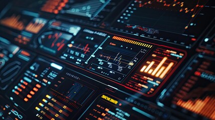 Obraz premium Futuristic data dashboard displaying graphs, metrics, and statistics for analytics in a digital environment.