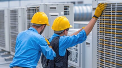 Two HVAC technicians in blue uniforms and hard hats working together to install and service commercial ductwork systems for an air conditioning and heating system in a workplace setting