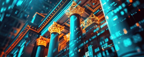 A stunning view of ornate pillars illuminated by blue and gold lights, blending classical architecture with a modern digital aesthetic.