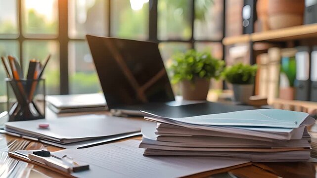 A messy desk with a laptop, papers, and office supplies. The image conveys a sense of busy work.