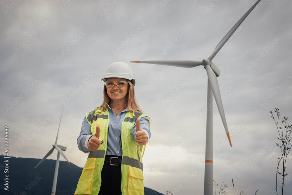Aufkleber an empowered female engineer working at a wind farm is dedicated to promoting innovation in renewabl