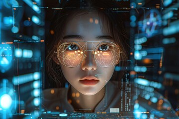 Woman working with virtual computer. Girl using modern computer surfing futuristic metaverse. Cyber world and digital data. Augmented reality, future innovative technology and programming concept