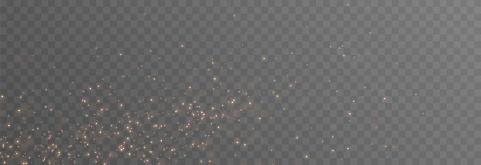 Vector gold dust png. Gold sparkles on isolated transparent background. Spraying glowing particles, glowing dust png. Light effect, Christmas light.