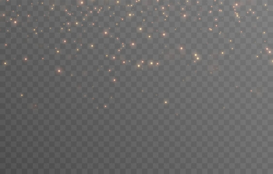 Vector gold dust png. Gold sparkles on isolated transparent background. Spraying glowing particles, glowing dust png. Light effect, Christmas light.