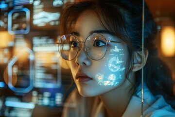 Woman working with virtual computer. Girl using modern computer surfing futuristic metaverse. Cyber world and digital data. Augmented reality, future innovative technology and programming concept