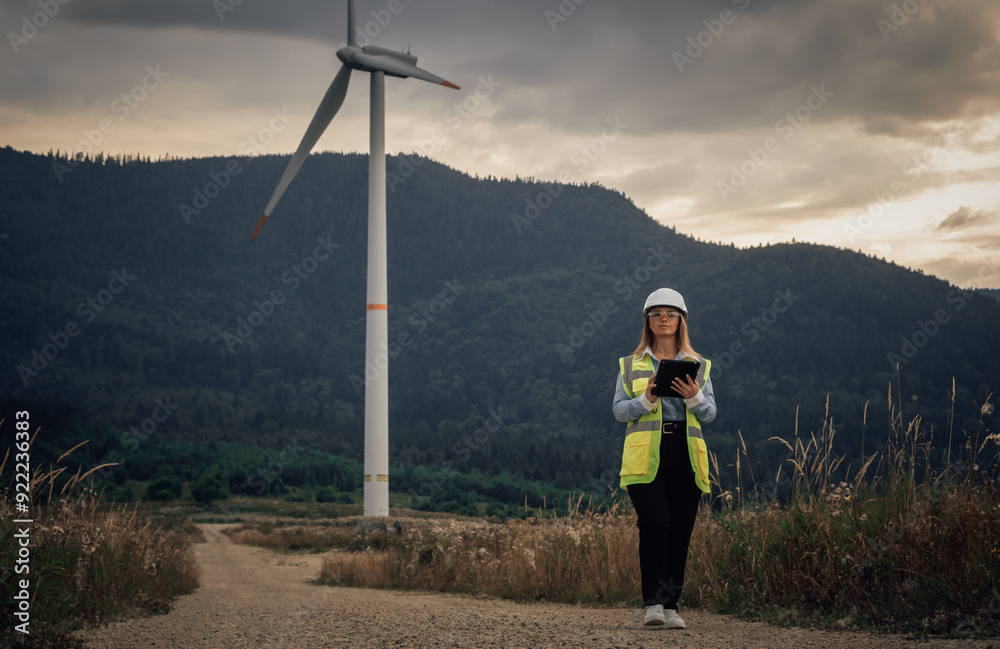Aufkleber a dedicated female engineer at a wind farm is committed to creating innovative, sustainable energy s