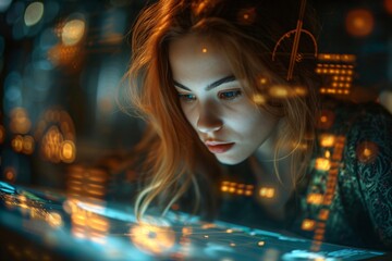 Woman working with virtual computer. Girl using modern computer surfing futuristic metaverse. Cyber world and digital data. Augmented reality, future innovative technology and programming concept