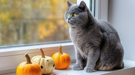 A gray cat with green eyes sits beside small pumpkins on a windowsill, embracing the essence of a minimalistic Halloween