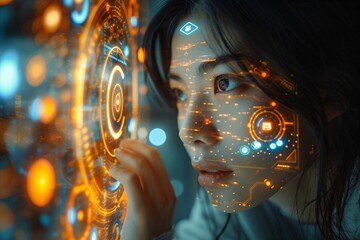 Woman working with virtual computer. Girl using modern computer surfing futuristic metaverse. Cyber world and digital data. Augmented reality, future innovative technology and programming concept