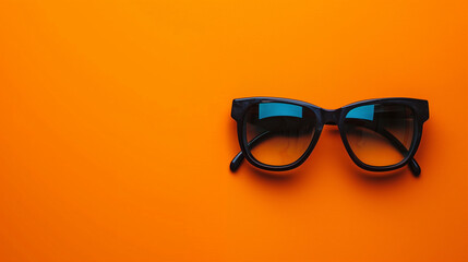 Black plastic glasses on orange background with copy space.