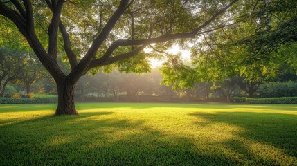 Fototapeta premium Sunlight Through Trees in a Green Meadow