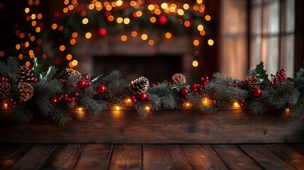 Christmas garland with lights illuminating empty wooden table