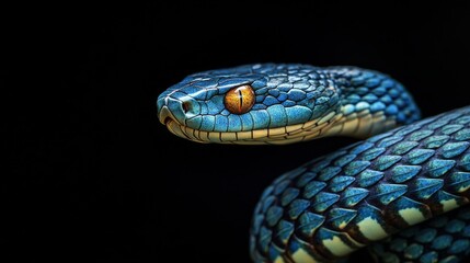 Blue viper snake posing on black background