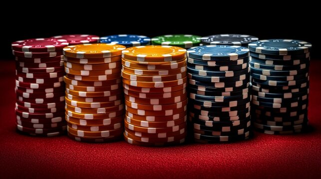 Colorful poker chips stacked high on a red table illuminating the casino gaming experience