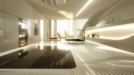 Obraz premium Minimalist futuristic kitchen with sleek white cabinets, smart induction cooktop, integrated appliances, under-cabinet LED lighting.
