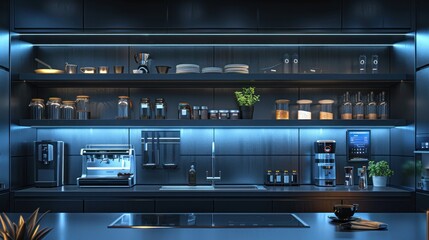 Futuristic kitchen with floating shelves, smart coffee maker, digital backsplash with changing colors and recipes.