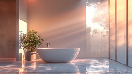 Minimalist bathroom with freestanding bathtub, wall-mounted faucet, large frosted glass window.