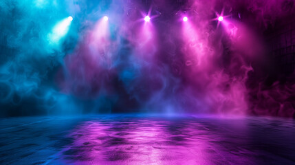 Fototapeta premium Dark stage colorful lights concert stage blue and purple background fog in the dark neon spotlights night view abstract halloween background stage shows.
