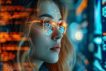 Woman working with virtual computer. Girl using modern computer surfing futuristic metaverse. Cyber world and digital data. Augmented reality, future innovative technology and programming concept