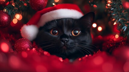 Black cat wearing santa hat relaxing under christmas tree