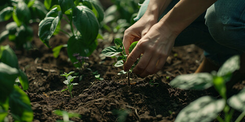 Fototapeta premium A close-up view of a person's hands carefully planting a seedling in a garden bed.