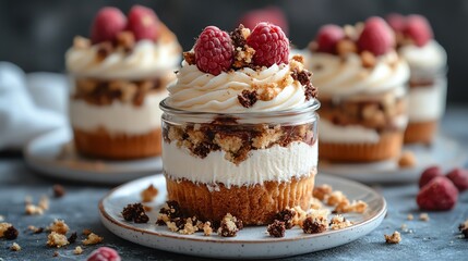 Layered dessert with mousse, mini cupcakes, and crumbled muffins, served in a glass jar, layered mousse cupcakes muffins, layered dessert jar