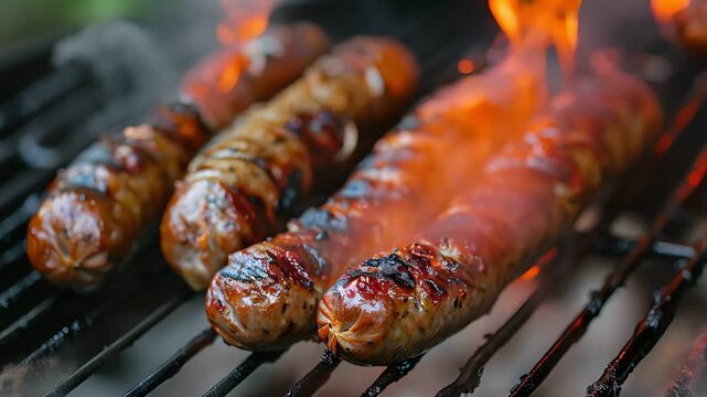 Juicy sausages grilling over an open flame, creating a smoky aroma.