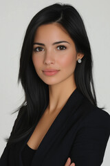 Fototapeta premium Portrait of a 27-Year-Old Female News Anchor with Black Hair and Brown Eyes on a White Background