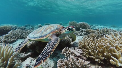 Fototapeta premium Sea Turtle Swimming in Coral Reef