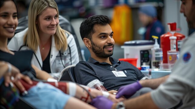 Group of employees participating in a corporate blood donation drive, with healthcare professionals assisting and monitoring the process.