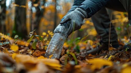 Obraz premium Volunteer picking up plastic bottle with gloved hand, close-up, detailed.