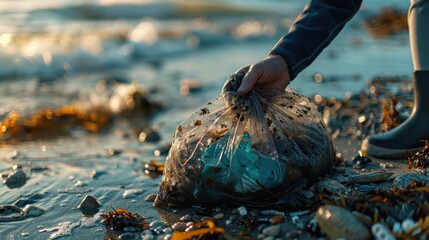 Volunteer placing trash into a garbage bag on the beach, close-up, focus on hands and trash.