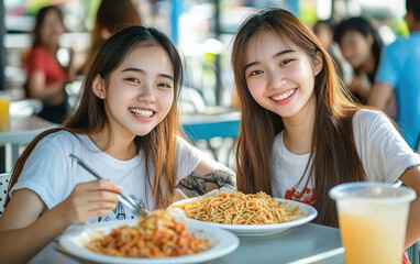 Happy Lunchtime at an Outdoor Cafe with Two Asian Women, Sharing Spaghetti and Drinks, Smiling with a Relaxed, Table-Free Dining Experience.