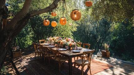 A bohemian outdoor setting with a rustic wooden table, mismatched chairs, lanterns hanging from trees, and a table set with eclectic dinnerware and fresh flowers.