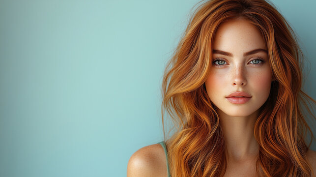 A beautiful female model with long, wavy auburn hair, wearing a sleek green dress, posing on a light blue background