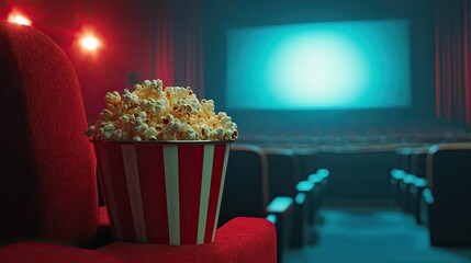 A classic movie theater scene with a red velvet seat and a large bucket of popcorn in the foreground, with the big screen glowing softly in the background.