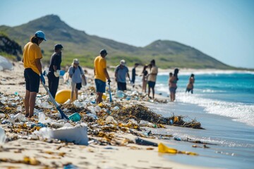 There are several other people on the beach, some of whom are also picking up trash - Powered by Adobe