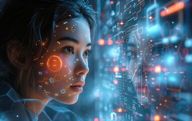 Woman working with virtual computer. Girl using modern computer surfing futuristic metaverse. Cyber world and digital data. Augmented reality, future innovative technology and programming concept