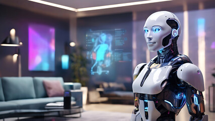 Futuristic Smart Home AI assistant robot, sleek and humanoid, standing in a modern living room, projecting a holographic to-do list. Smart living space concept