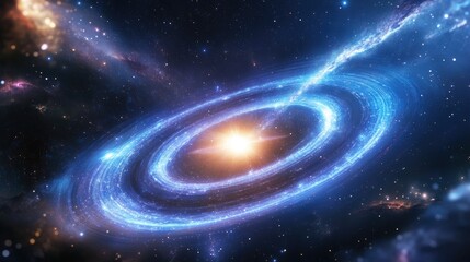 Fototapeta premium A close-up of a star with luminous rings made of cosmic dust and particles. The rings have a glowing aura, and distant galaxies can be seen in the background.