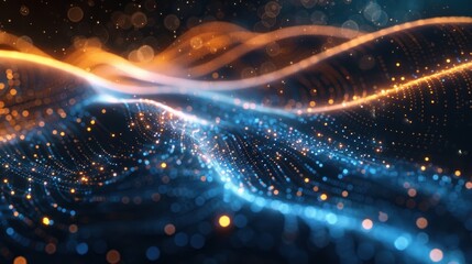 Abstract blue glowing lines and lights on a dark background, featuring neon lines and detailed illustrations in various colors.