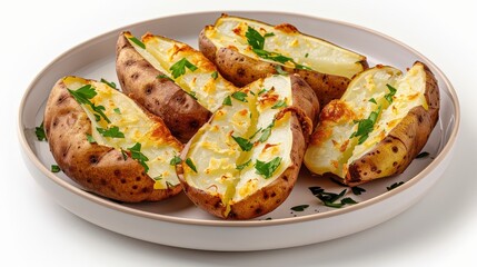 Crispy Baked Potato Skins on Illustrated Plate in Foods Magazine Style, Studio Shot on White Background