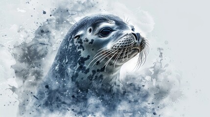 Obraz premium A charming seal in detailed watercolor, showcasing its facial features and fur. The white background enhances its elegance.