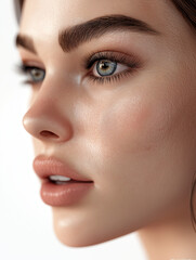 Fototapeta premium Beautiful photorealistic woman resembling a supermodel with sleek features, smokey eye makeup, Beauty shot in extreme angle on white background