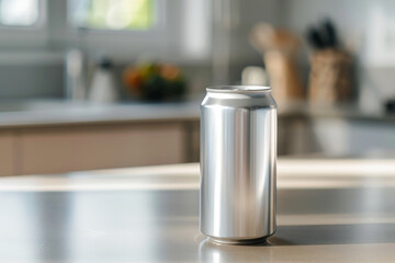 Blank silver can on a countertop in a modern kitchen, product photography mock-up