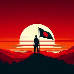 Illustration of a silhouette of an man silhouette with the flag of bangladesh high on a hill during sunset.